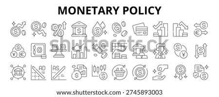 30 Monetary Policy Line Icons Vector - Inflation, Deflation, Interest, Rate, Liquidity, Recession, Lending, Credit