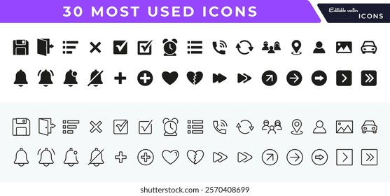 30 most used flat and line icons pack. Mobile, user interface, web, check mark, notifications, save, website outline icon set. UI fills bold icon design