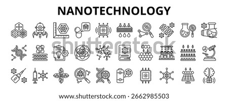 30 Nanotechnology Line Icons Vector - Nanorobotic, Chemical, Nano sensor, Atom, Nanofabrication, Nano Brain