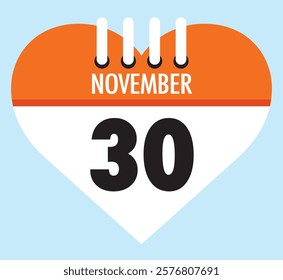 30 November calendar icon orange heart shape on light sky blue color background, calendar vector symbol for the month of November.