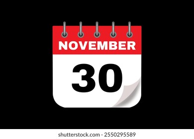 30 November calendar icon text page monthly web design on red, white and black background vector, icon, or illustration with the month of November 30