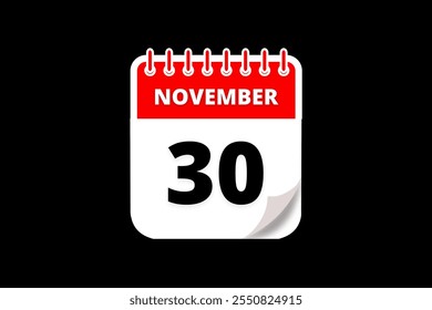 30 November calendar icon text page monthly web design on red, white and black background vector, icon, or illustration with the month of November 30