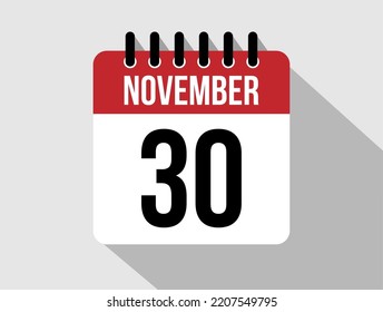 30 November calendar vector icon. Red november date for the days of the month