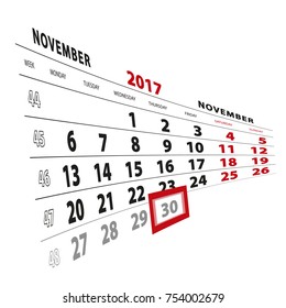 30 November highlighted on calendar 2017. Week starts from Monday. Vector Illustration.