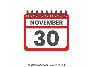 30 November month single day vector, illustration, calendar with red, black and white color background calendar November 30