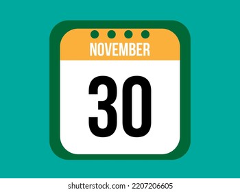 30 November orange calendar vector. November date with square on light background.