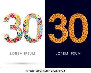 30 Number, Font, designed using Jigsaw puzzle pattern, graphic vector.