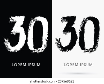 30 ,Number ,grunge brush freestyle font, designed using black and white handwriting line shape, logo, symbol, icon, graphic, vector. svg