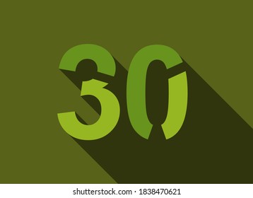 30 Número con sombra larga, color verde estilo de corte. Para logotipo, etiqueta de marca, elementos de diseño, identidad corporativa, aplicación y más. Ilustración modificable del vector.