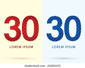 30 ,Number ,Luxury font, designed using red and blue line geometric shape, idea from wicker, basket,woven, ribbons, jewelry, diamond,rope, logo, symbol, icon, graphic, vector.