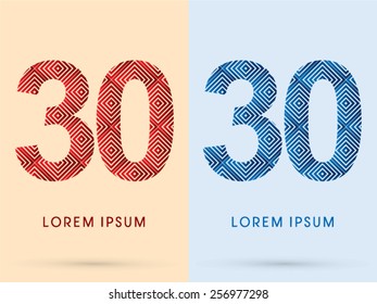 30 ,Number ,Luxury font, designed using red and blue line square geometric shape, hot and cool tone, logo, symbol, icon, graphic, vector.