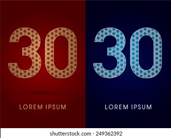 30 ,Number ,Luxury font,designed using gold and silver geometric on dark red and dark blue background,concept shape from screws,hexagon, honeycomb,jewelry,gems, logo, symbol icon,graphic,vector.