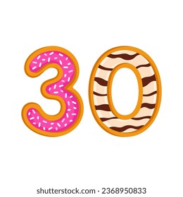 30 number sweet glazed doughnut vector illustration
