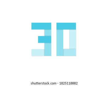 30 number, vector logo, paper cut desing font made of blue color tones .Isolated on white background. Eps10 illustration