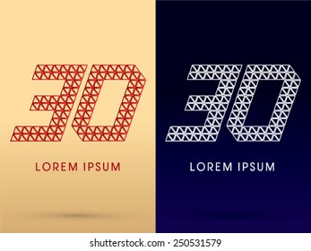 30 ,Number,Luxury font ,designed using red and silver triangle geometric shape on gold and dark blue background, concept shape from, jewelry, diamond ,gems ,logo, symbol, icon, graphic, vector.