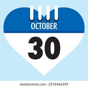 30 October calendar icon blue heart shape on light sky blue color background, calendar vector symbol for the month of October.