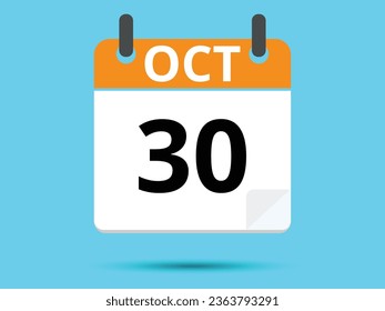30 October. Flat icon calendar isolated on blue background. Vector illustration.