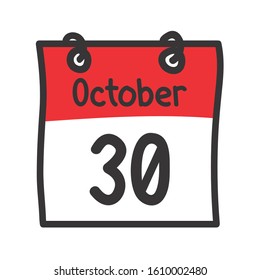 30 October. Vector flat daily calendar icon. Date and time, day, month. Holiday