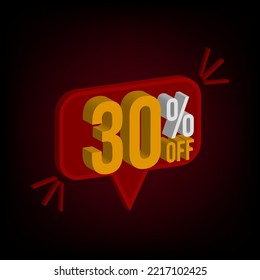 30% off. 3d banner with black and red gradient for offers and promotions.