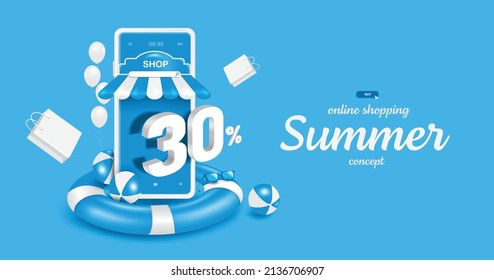 30% Off 3d Text On Smartphone Shop Screens. And All Object On The Lifebuoy And There Was A Volleyball Next To It For Online Shopping Summer Sale Concept Design,vector 3d Isolated On Blue Background