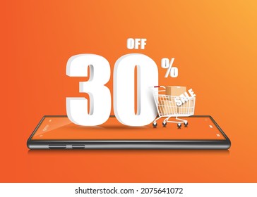 30% off 3d text,parcel box and shopping cart on smartphone and all object on orange background for shopping online concept design,vector 3d for advertising promotion sale