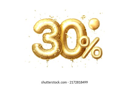 30 Off balloons, discount sale, balloon in the form of a digit, golden confetti. Vector illustration.