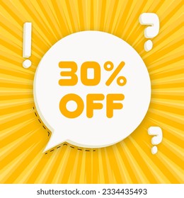30 off banner. Burbuja de voz con 30 texto desactivado. Concepto de negocio. 3 quinquies ilustración. Estilo de arte pop. Icono de línea de vector para empresas