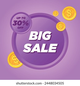 up to 30% OFF, banner with vibrant pink background and golden coins, publication to announce a promotion or sale, Editable EPS Vector.