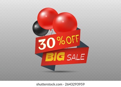 30% off big sale banner with red and black balloons.
