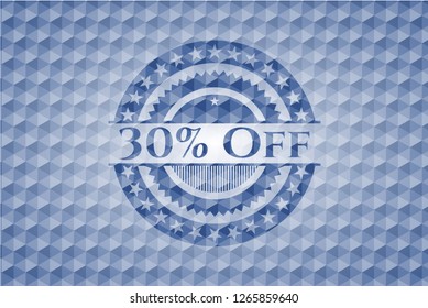 30% Off blue badge with geometric background.