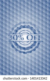 30% Off blue badge with geometric pattern background. Vector Illustration. Detailed.