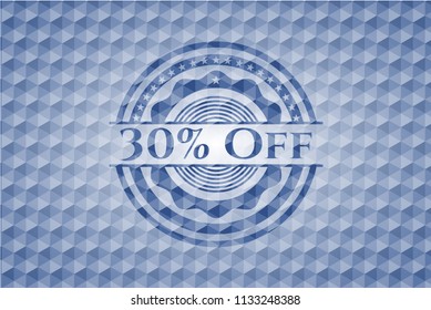 30% Off blue emblem with geometric background.