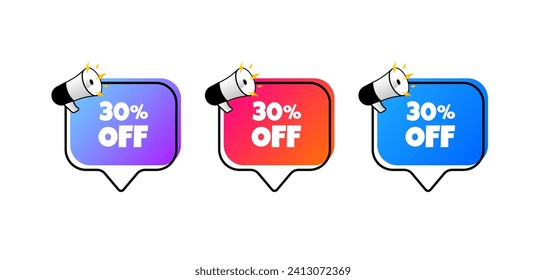 30% off bubbles. Flat, color, speech bubbles, 30% off signs. Vector icons