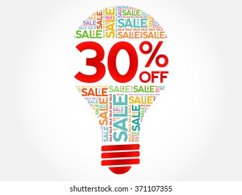30% OFF bulb word cloud, business concept background