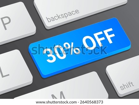 30% Off Button on Computer Keyboard with White Text for Discount Offer Online Shopping Ecommerce Marketing and Interface Close Up Illustration