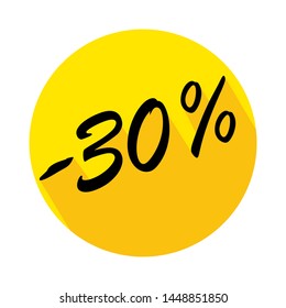 30% off circle icon with long shadow. Vector badges for labels, stickers, banners or tags of new offer. Discount badge in yellow background. 