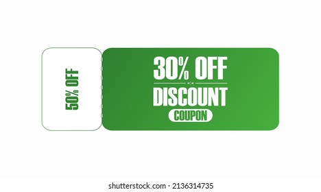 30% off coupon vector. Thirty percent discount coupon. Green and white gradient colors.  Perforated coupon. White background.