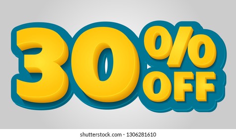 30% off discount banner. Special offer sale tag in 3d style. Blue and yellow vector illustration.