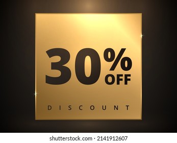 30 off discount banner. Special offer sale 30 percent off. Sale discount offer. Luxury promotion banner thirty percent discount in golden square and black background. Vector illustration