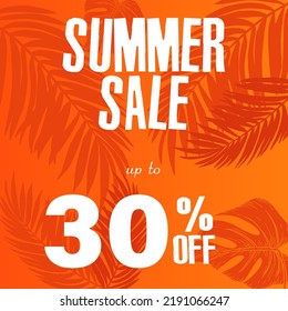 30% off discount. A bright vector illustration of a summer sale advertisement with a fantastic font and a beautiful orange background with tropical leaves.
