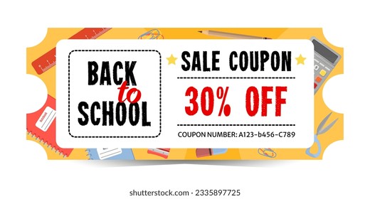 30% off discount coupon template for the back to school sale. Coupon for the buying of office and school supplies. Isolated on a white background.