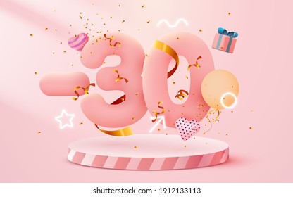 30% Off. Discount creative composition. 3d sale symbol with decorative objects, heart shaped balloons, golden confetti, podium and gift box. Sale banner and poster. Vector illustration.