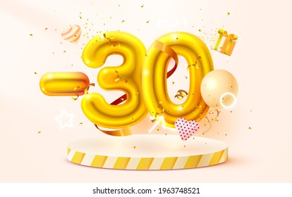 30% Off. Discount creative composition. 3d Golden sale symbol with decorative objects, heart shaped balloons, golden confetti, podium and gift box. Sale banner and poster. Vector illustration.