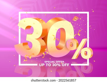 30 Off. Discount creative composition. 3d Golden sale symbol with decorative objects,  golden confetti. Sale banner and poster. Vector illustration.