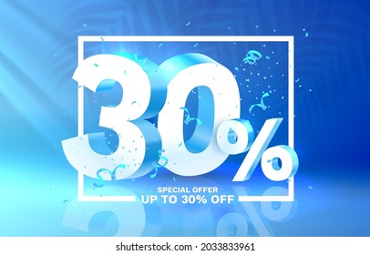 30 Off. Discount creative composition. 3d sale symbol with decorative objects. Sale banner and poster. Vector illustration.