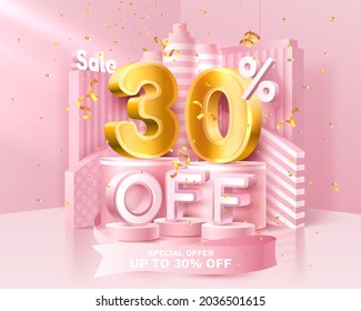 30% Off. Discount creative composition. 3d sale symbol with decorative objects, golden confetti, podium and gift box. Sale banner and poster. Vector illustration.