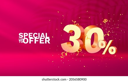 30 Off. Discount creative composition. 3d Golden sale symbol with decorative objects, golden confetti. Sale banner and poster. Vector illustration.