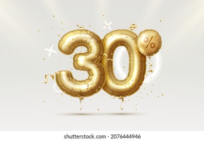 30 Off. Discount creative composition. 3d Golden sale symbol with decorative objects, heart shaped balloons, golden confetti, podium and gift box. Sale banner and poster. Vector illustration.