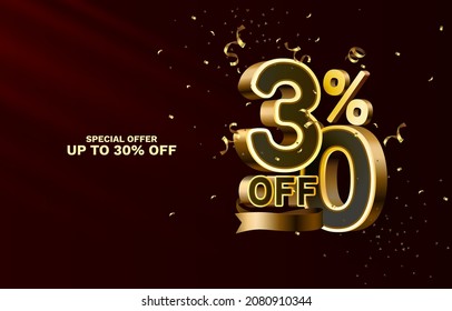 30 Off. Discount creative composition. 3d sale symbol with decorative objects, golden confetti, podium and gift box. Sale banner and poster. Vector illustration.