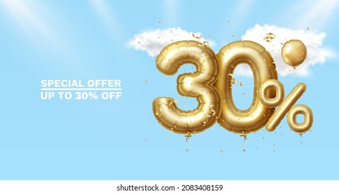 30 Off. Discount creative composition. 3d Golden sale symbol with decorative objects, heart shaped balloons, golden confetti, podium and gift box. Sale banner and poster. Vector illustration.